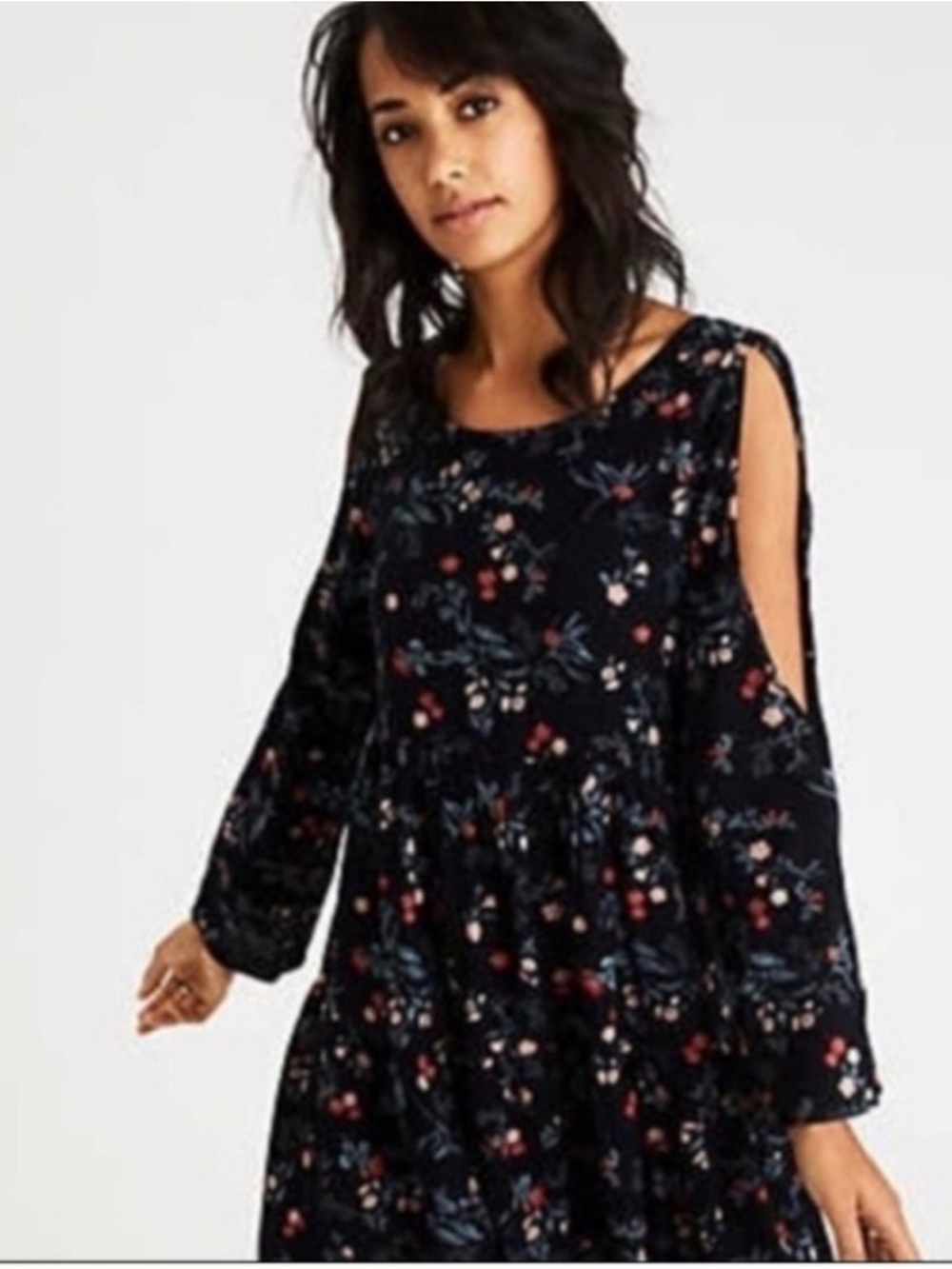 American Eagle Outfitters Black Floral Cold-Shoulder Long Sleeve Dress